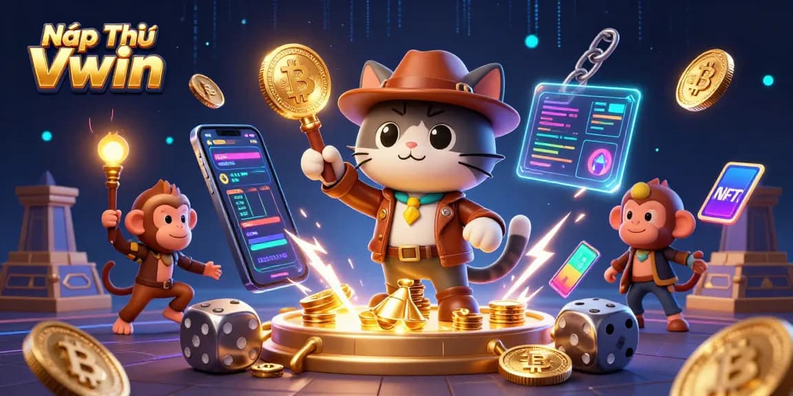 Nạp Tiền VWIN to unlock rich rewards with playful feline explorers in a dynamic casino-themed scene.
