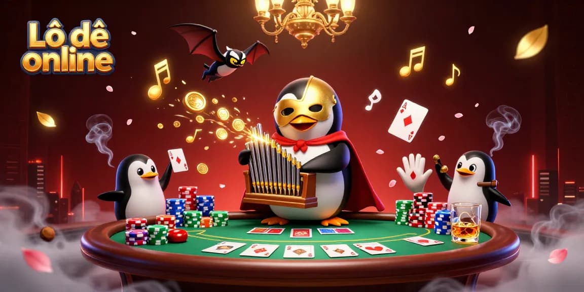 Experience Lô đề online with a vibrant 3D scene featuring exciting casino elements and a captivating penguin character.