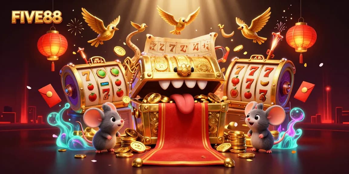 Engage in thrilling betting action at FIVE88 with vibrant gaming visuals and rich treasures.
