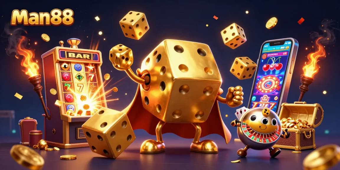 Join the fun with man88 as golden dice juggle amidst an explosion of casino excitement!