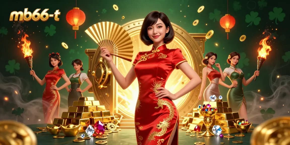 Experience thrilling gaming at mb66-t with vibrant casino elements and a stunning red qipao illustration.