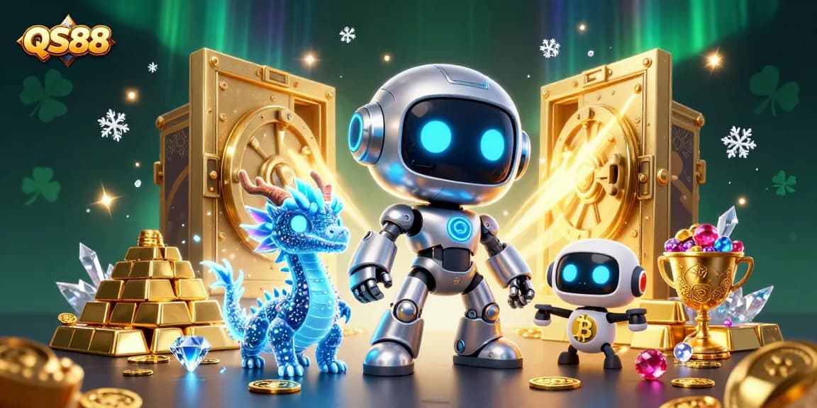 Experience thrilling gameplay at QS88 with a vibrant 3D illustration featuring a cyberpunk robot, dragon companion, and golden rewards.