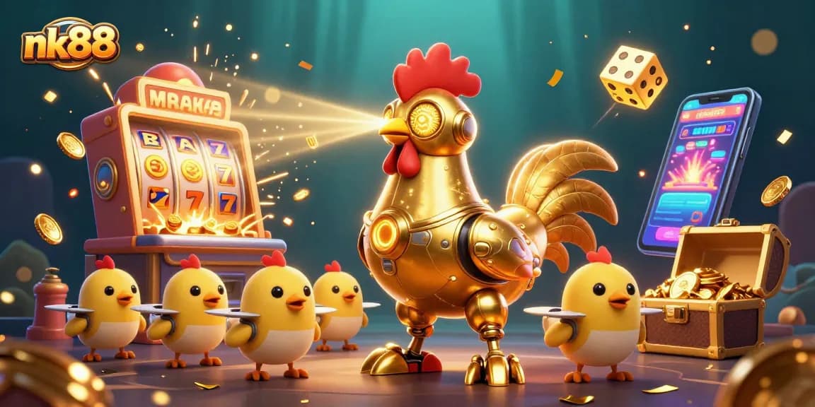 Engage in thrilling gameplay with nk88's vibrant slot machines and robot mascots shining brightly.