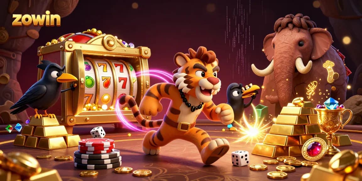 Zowin offers thrilling casino action with 3D cartoon caveman and tiger duo, surrounded by gems and riches.