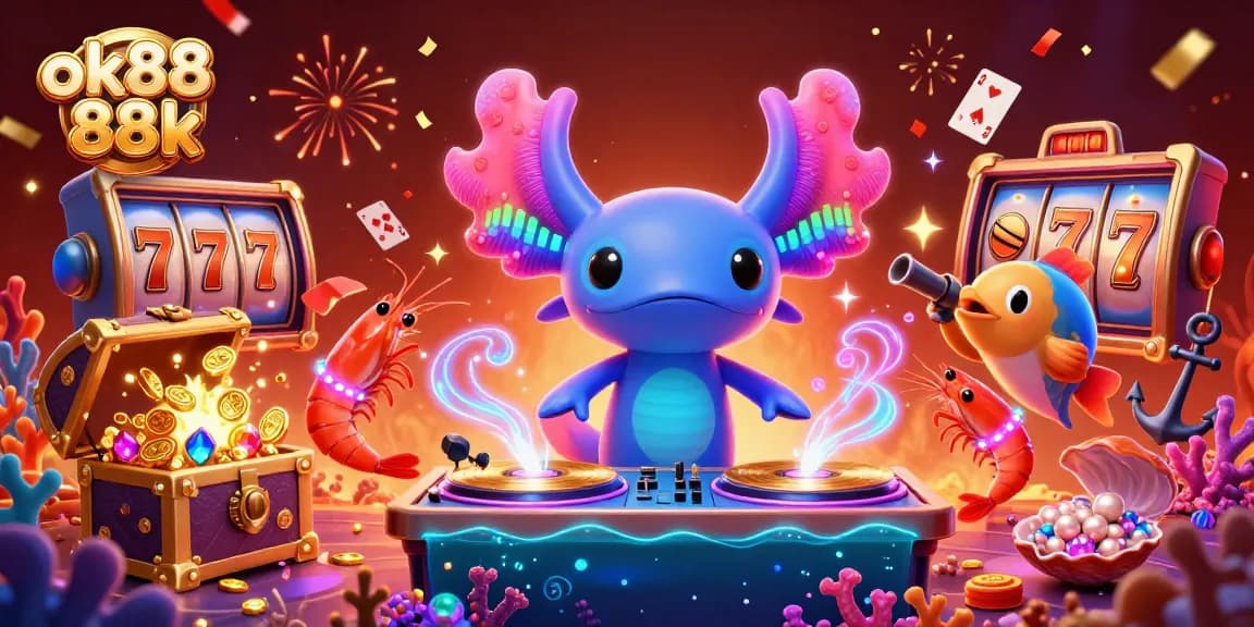 Engage with the vibrant ok88 88k scene featuring energetic characters and slot game elements.