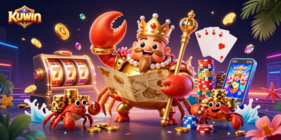 Join the excitement at KUWIN with a golden crab emperor amidst vibrant slots and casino elements.