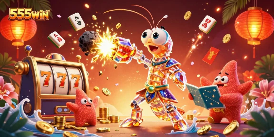 Play 555WIN slots with animated galactic characters in a vibrant casino scene filled with gems and coins.