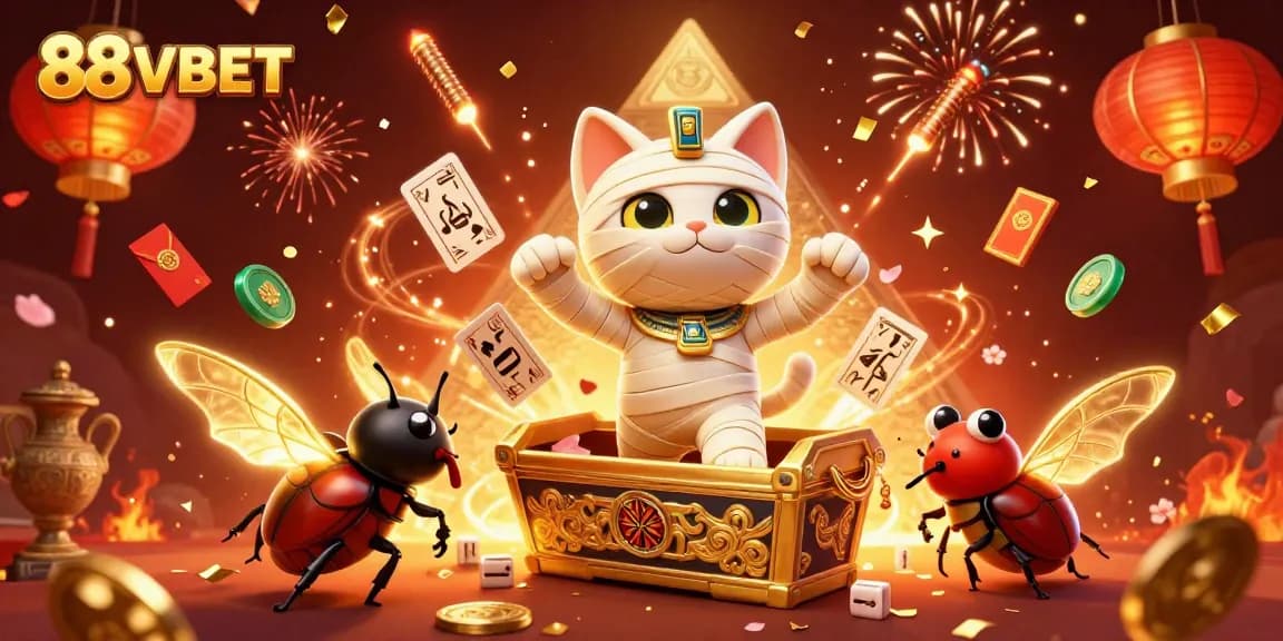 Experience thrilling gameplay with 88VBET: A mummy cat and glowing scarab in a lively casino.