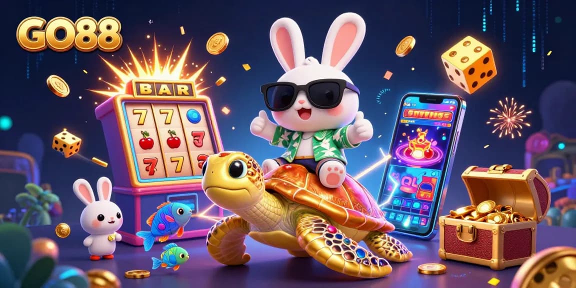 Spin the exciting GO88 slot machines with vibrant characters and jackpot treasures in this dynamic scene.