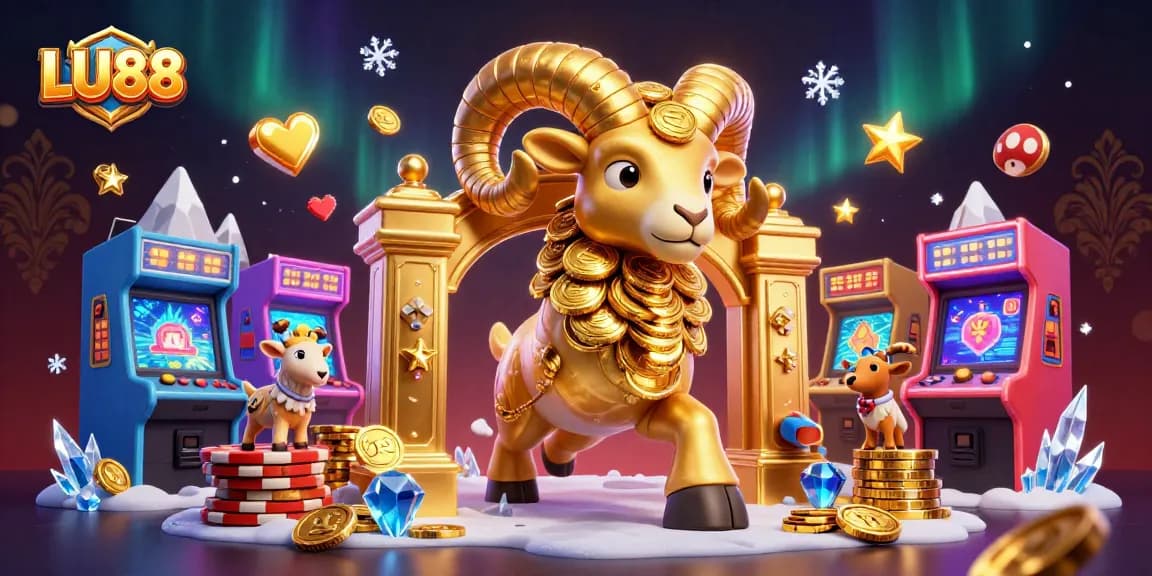 Engaging scene at LU88 casino featuring a golden ram charging through a golden gate amidst arcade machines and game symbols.