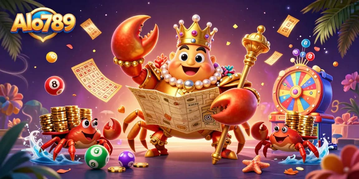 Alo789 features a golden crab emperor holding treasures while providing thrilling gambling experiences.