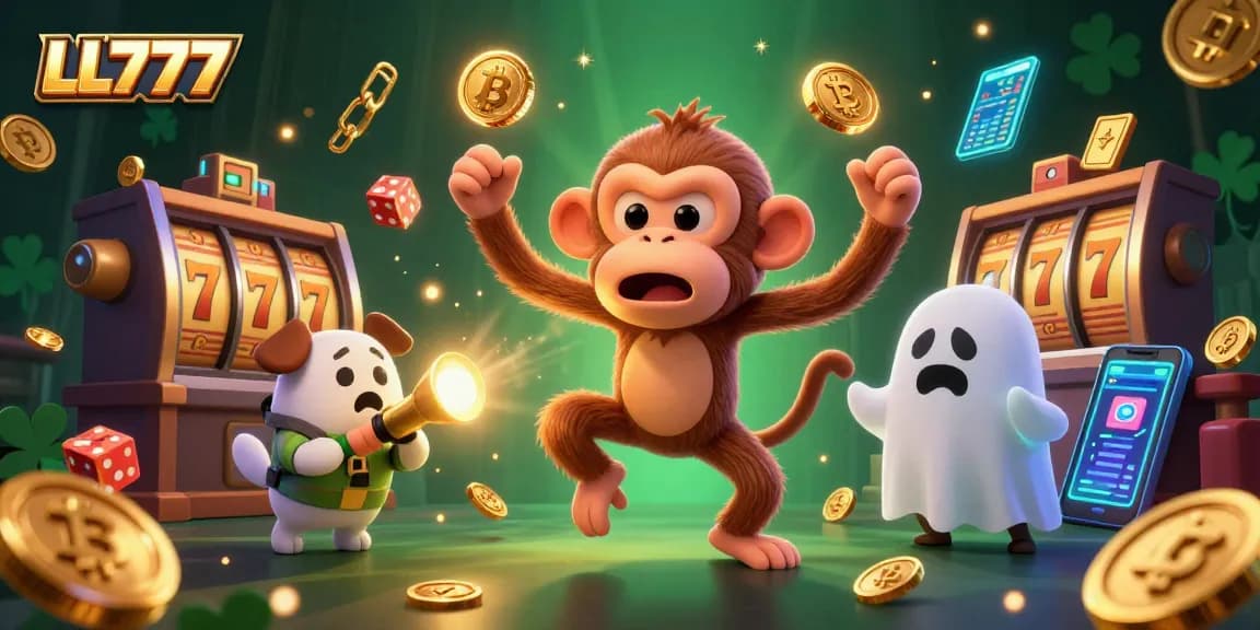 Experience the thrill of LL777 where a poltergeist monkey juggles casino treasures in a vibrant haunted scene.