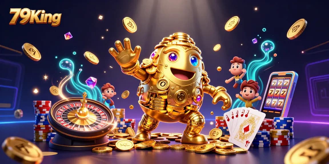 Winning at 79King with the breathtaking golden golem amidst cascading treasures.