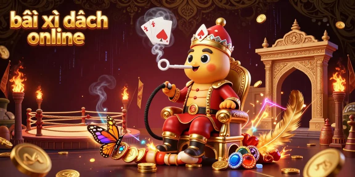 Engage in bài xì dách online with our colorful 3D illustration featuring vibrant game elements and a whimsical caterpillar character.