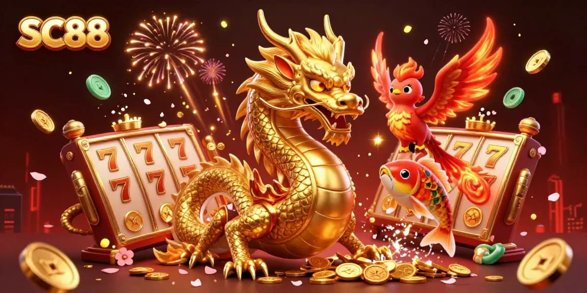 Experience thrill at SC88 with a dynamic dragon, phoenix, and koi fish illustration celebrating casino excitement.
