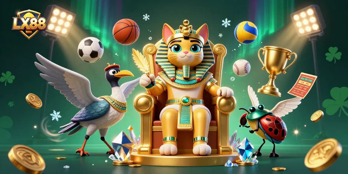 Join the thrill at LX88 with a pharaoh cat and sports elements in a vibrant 3D casino illustration.