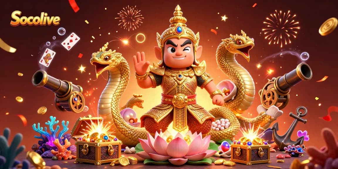 Socolive showcases an exciting 3D scene with a temple guardian and treasures, perfect for online casino enthusiasts.