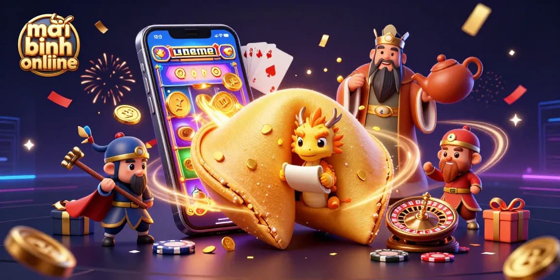 Play mậu binh online with vibrant visuals featuring golden fortune cookie and dynamic gaming elements.