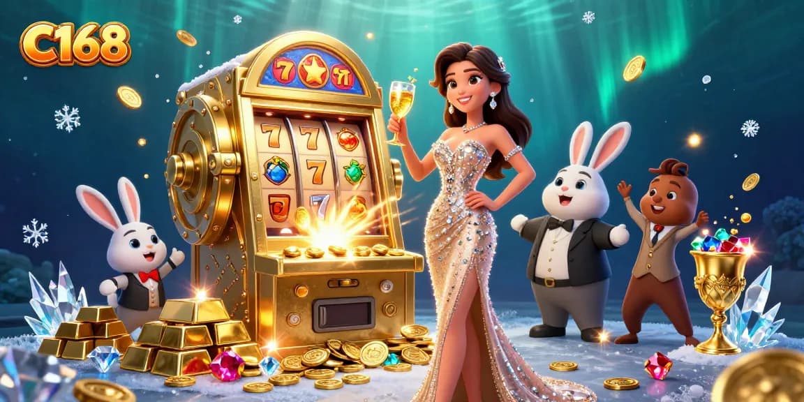 Win big with C168 at the jackpot slot machine, surrounded by gold coins and treasures.