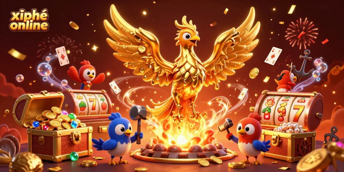Experience exciting gameplay with xì phé online featuring a molten golden phoenix surrounded by casino treasures.