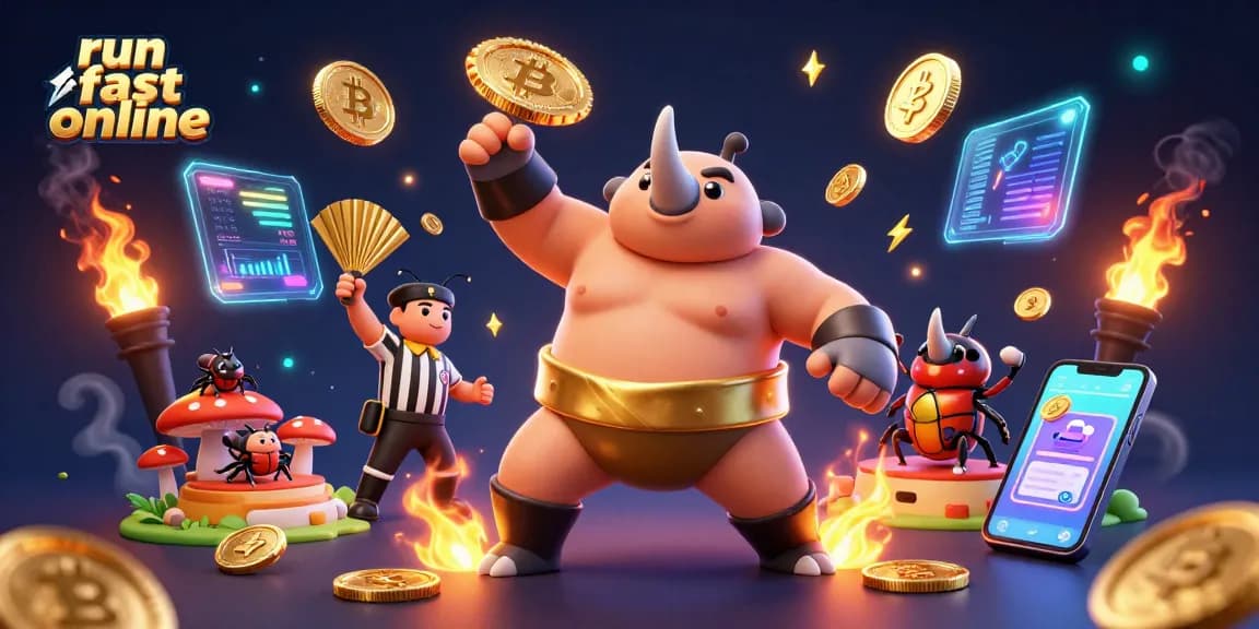 Experience the thrill of run fast online with a 3D cartoon rhinoceros beetle champion amidst flying coins and crypto elements.
