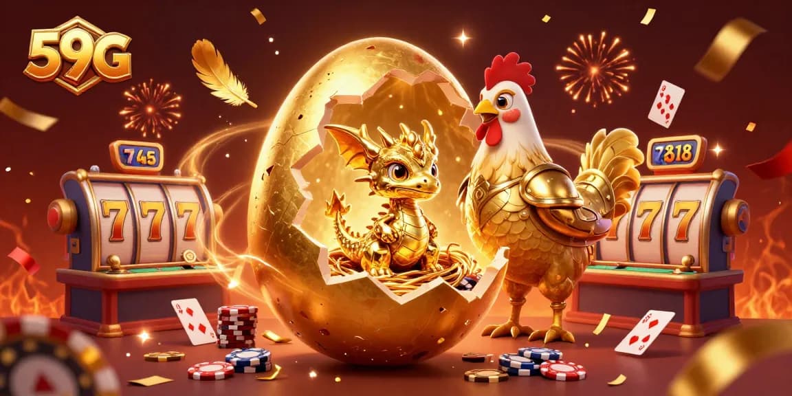 Engage with 59G's vibrant casino atmosphere featuring a golden baby dragon amidst poker chips and slot reels.