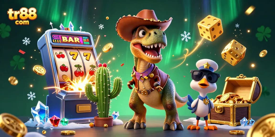 Win big at tr88 com with a vibrant 3D casino scene featuring a T-Rex and exciting jackpot elements!