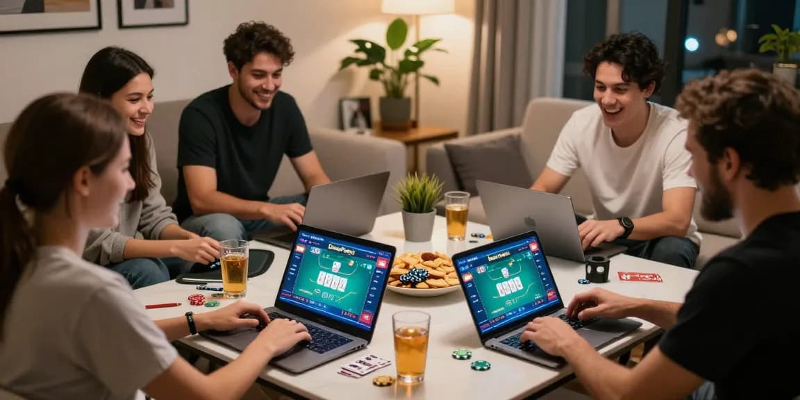Dewapoker online poker gaming scene with friends in a lively home setting