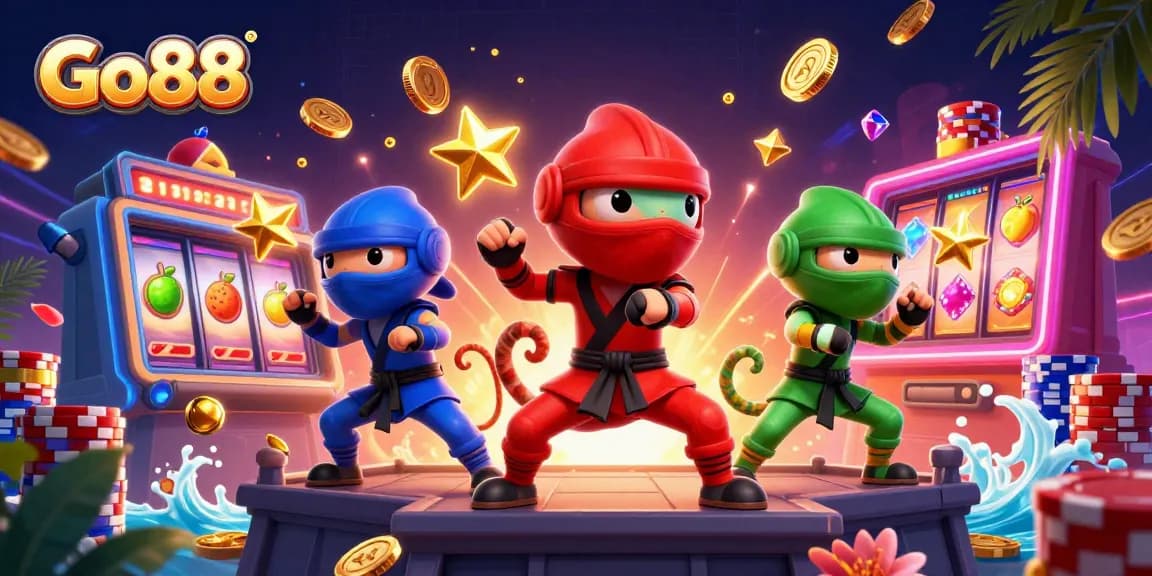 Spin the reels at Go88 while enjoying vibrant chameleon ninjas in a dynamic casino scene.