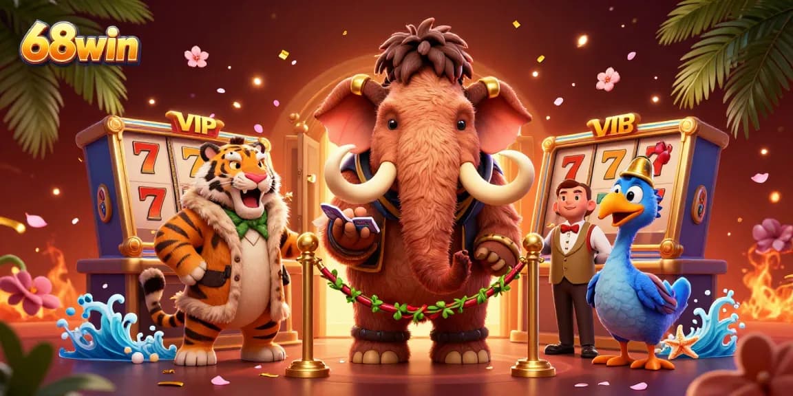 Experience thrilling wins at 68win with vibrant casino characters and exciting slot elements in a rich scene