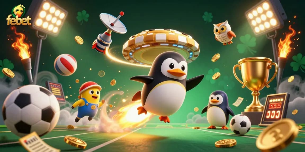 Experience the thrill of febet casino games with a dynamic, energetic 3D scene featuring exciting characters and casino elements.