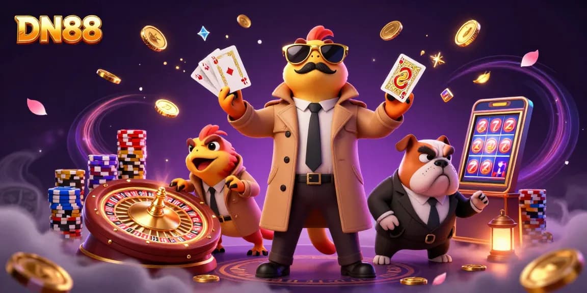 Immerse in DN88's thrilling casino experience with raptors, coins, and vibrant game elements.