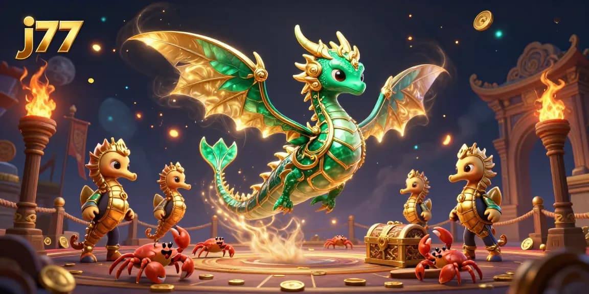 Engage with j77's vibrant gaming world featuring a magical sea dragon and gold treasures