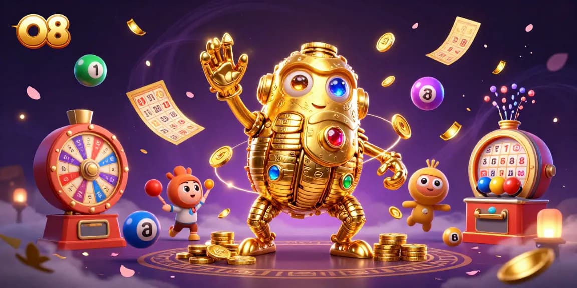 Engage in exciting O8 gameplay with vibrant casino-themed elements and a golden golem mascot.