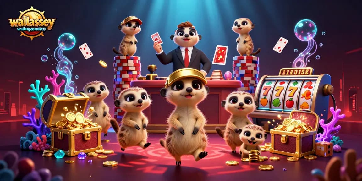 Meerkats manage wallaseycemetery casino with slot reels, joyful gaming atmosphere, and colorful treasures.