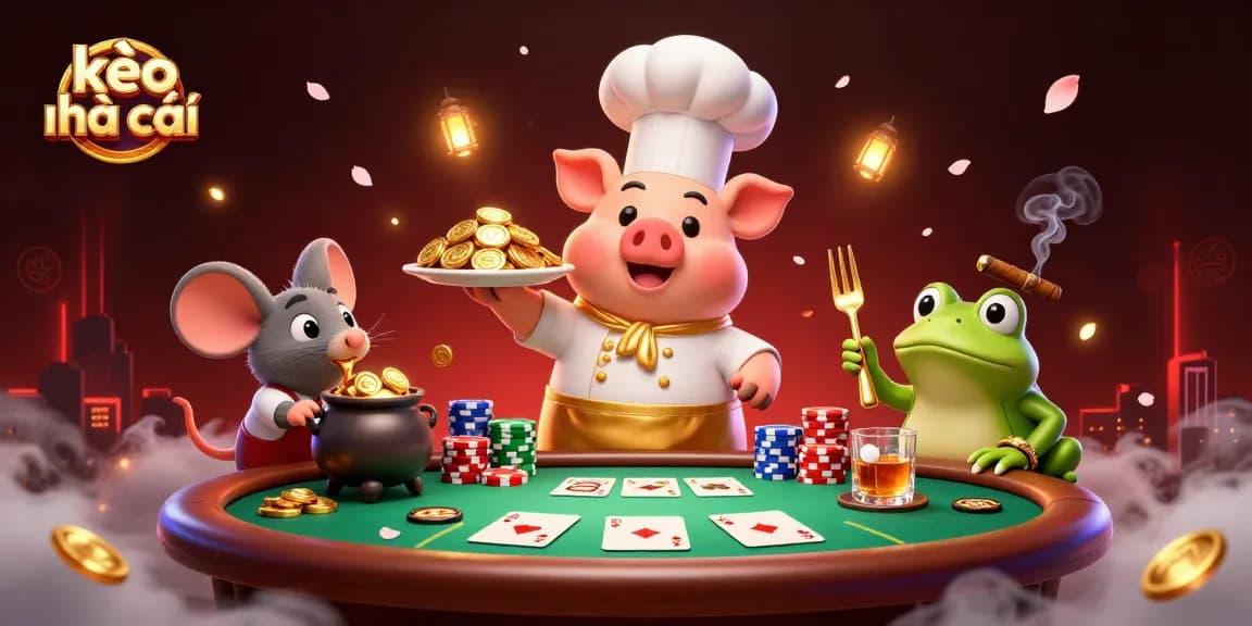 Engage with kèo nhà cái in this vibrant 3D scene featuring a chef pig serving gold coins with poker elements.
