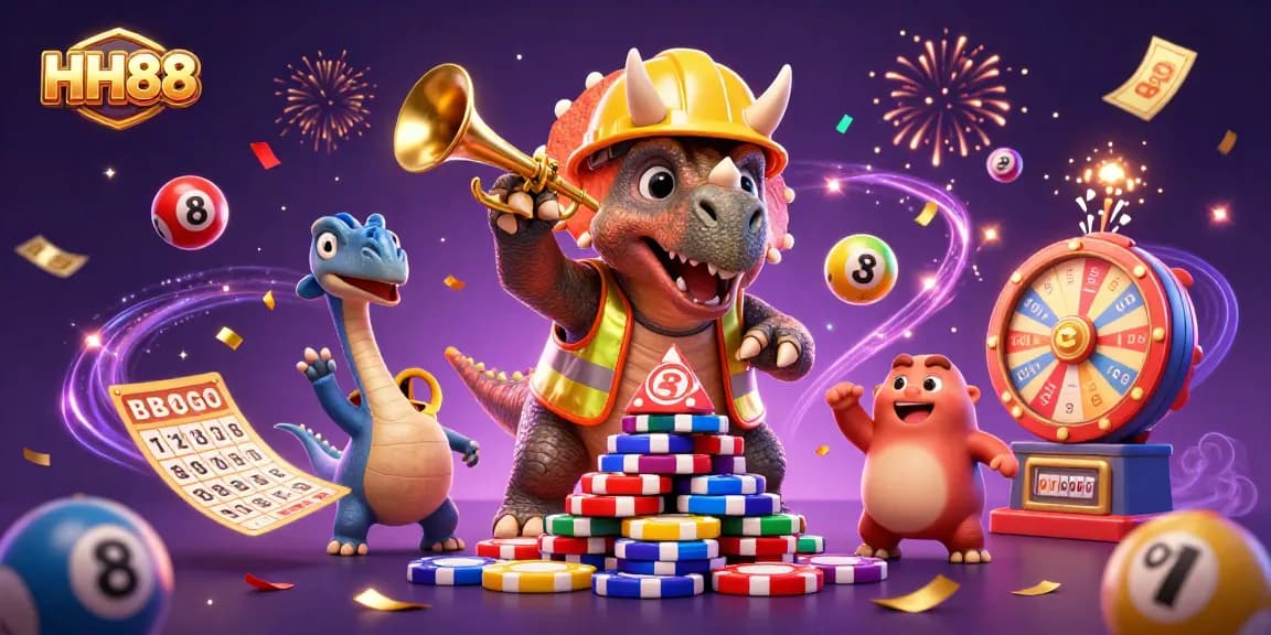 Engage with HH88's vibrant gaming atmosphere, featuring triceratops building poker chip pyramids.