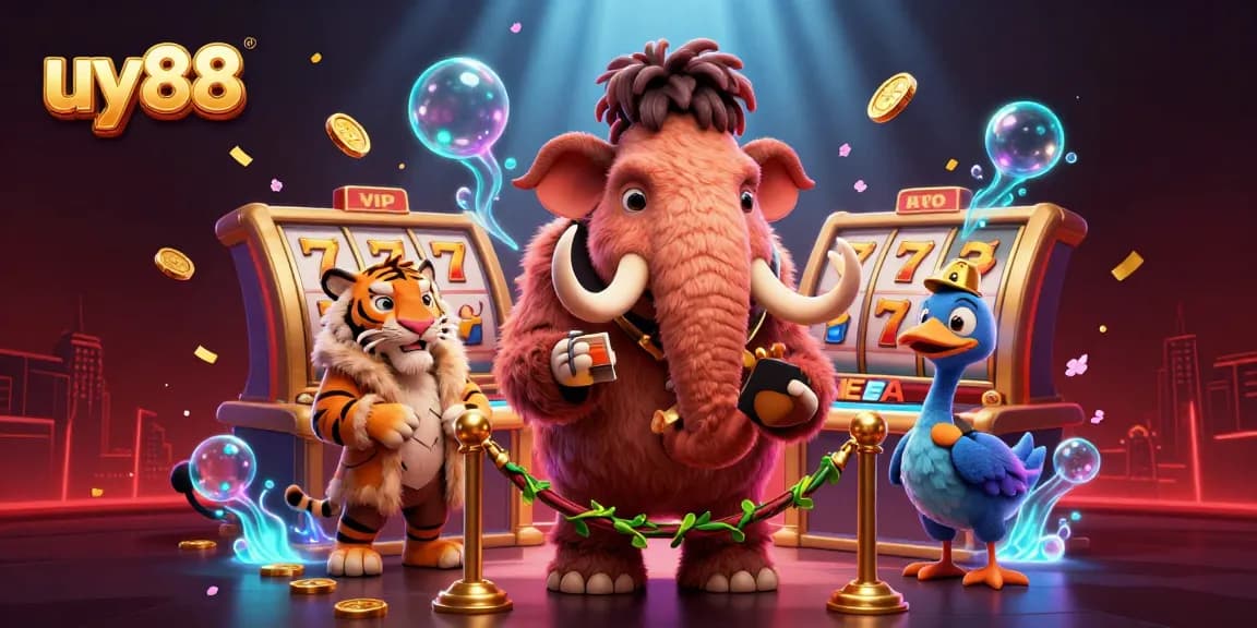 Experience thrilling wins at uy88 with vibrant casino elements, including a woolly mammoth bouncer and lucky symbols.