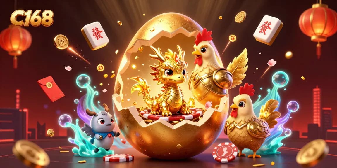 C168 reveals a dragon from a golden egg surrounded by poker chips in a vibrant casino scene.