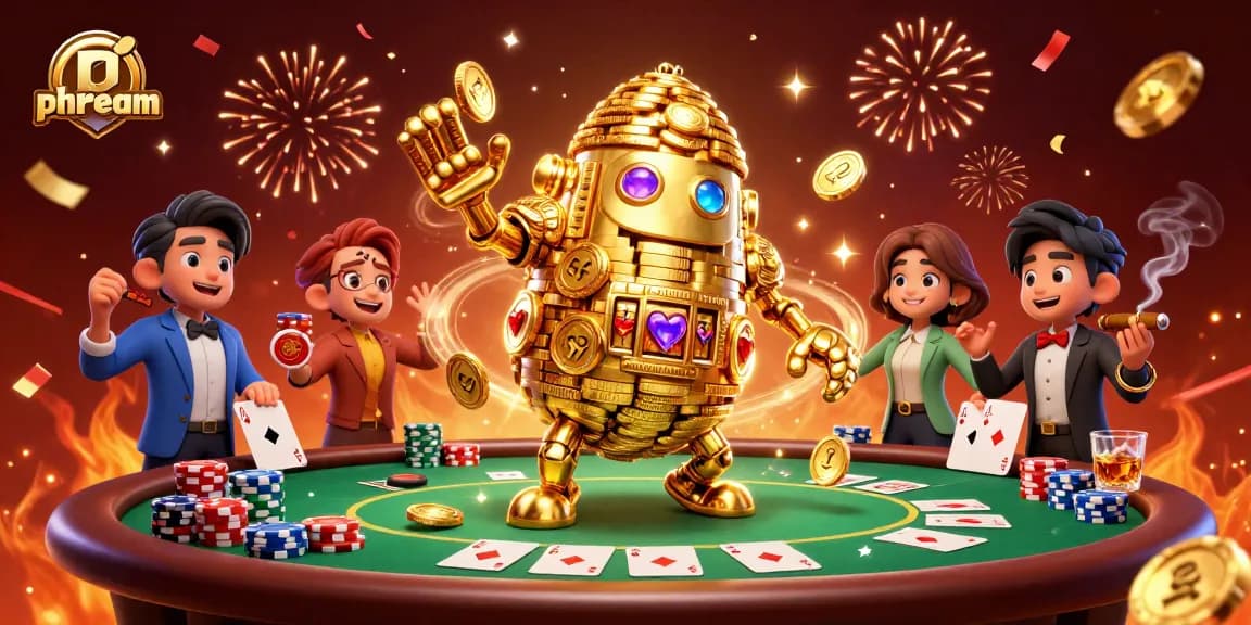PHDREAM players celebrate at a vibrant casino scene with a golden golem and poker action.
