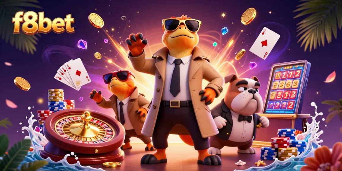 Engage with f8bet's vibrant casino scene featuring raptors in disguise and dynamic game elements.