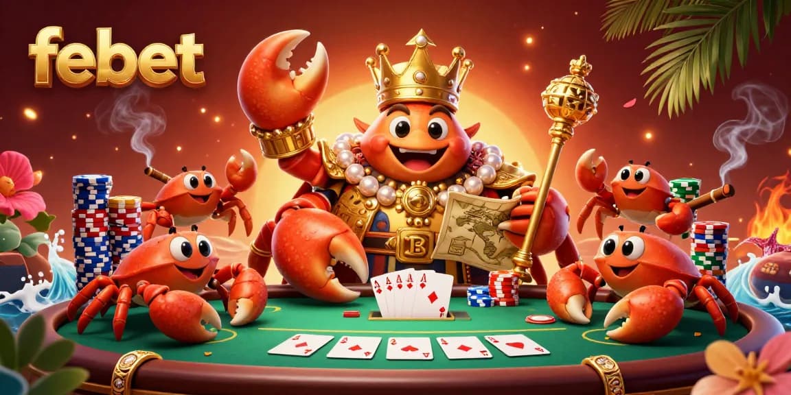 Experience thrilling poker action at Febet with a royal crab emperor amidst chip stacks and vibrant decor.