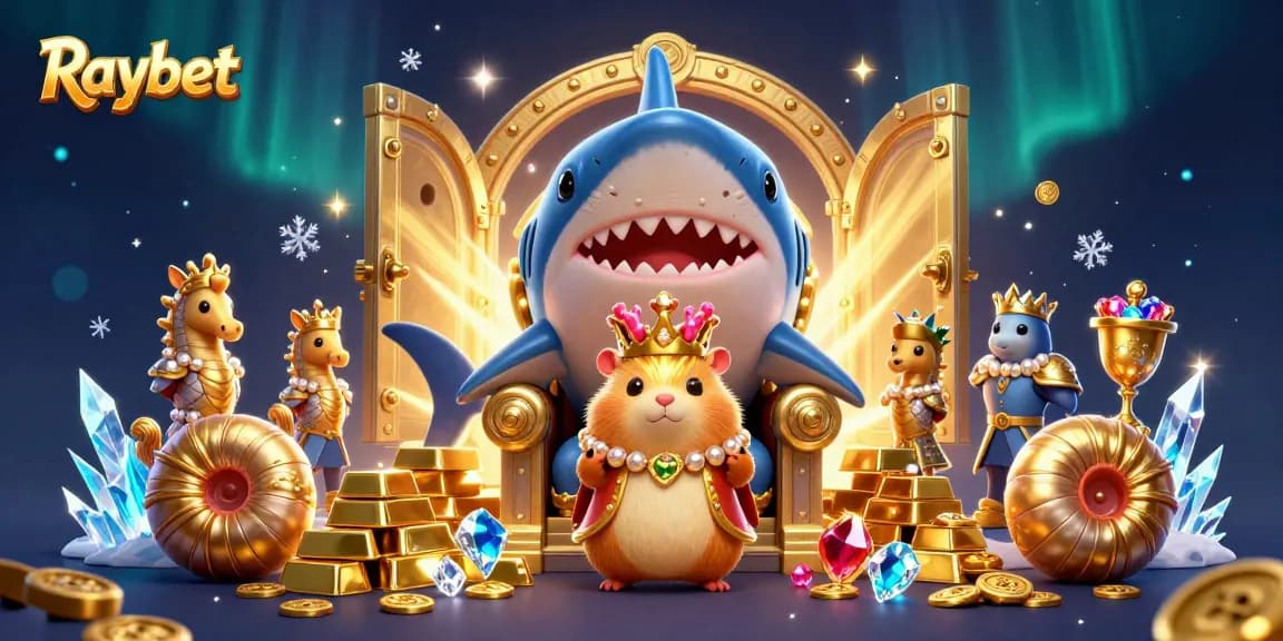 Engage in winning strategies at Raybet with a vibrant casino scene featuring a golden hamster king and treasures.