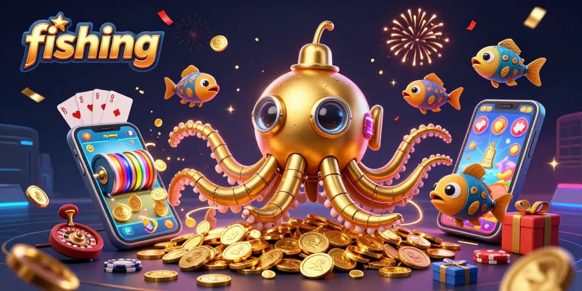 Experience thrilling fishing gameplay featuring mechanical fish and a golden kraken in a treasure-filled scene.
