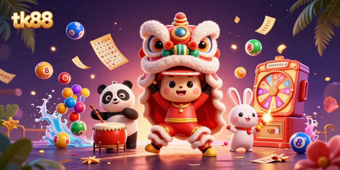 Experience the excitement of tk88 casino with vibrant characters, lottery elements, and dynamic gameplay.
