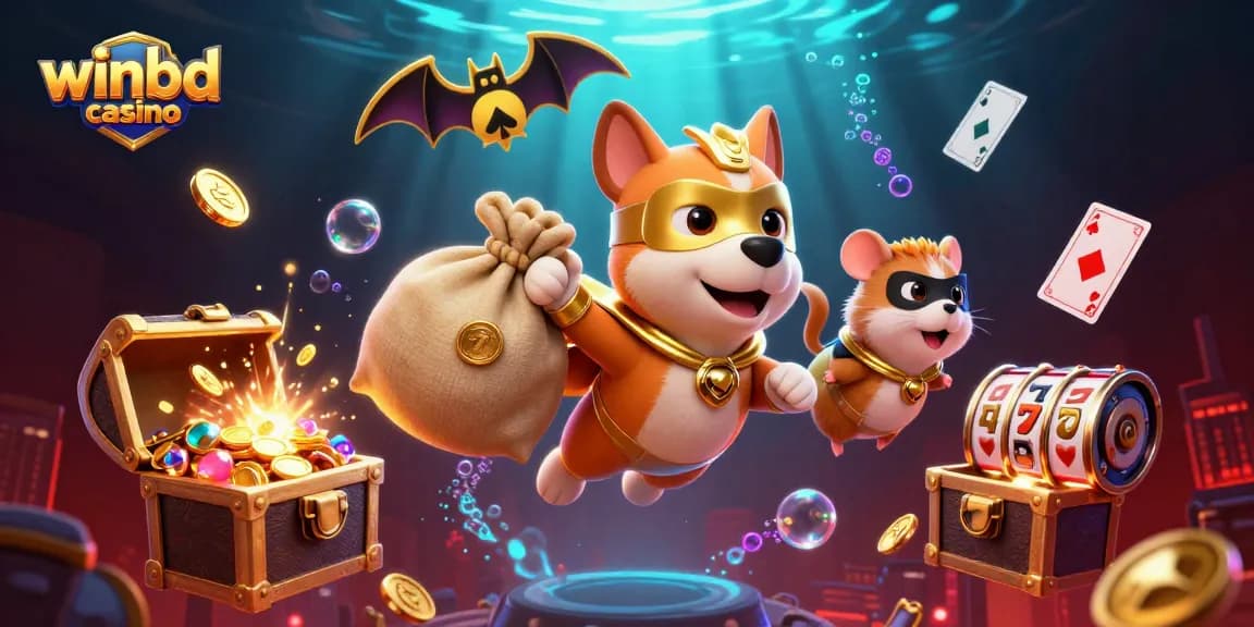 Winbd casino cartoon illustration with a superhero dog, gold coins, and slot reels for an exciting gaming experience.