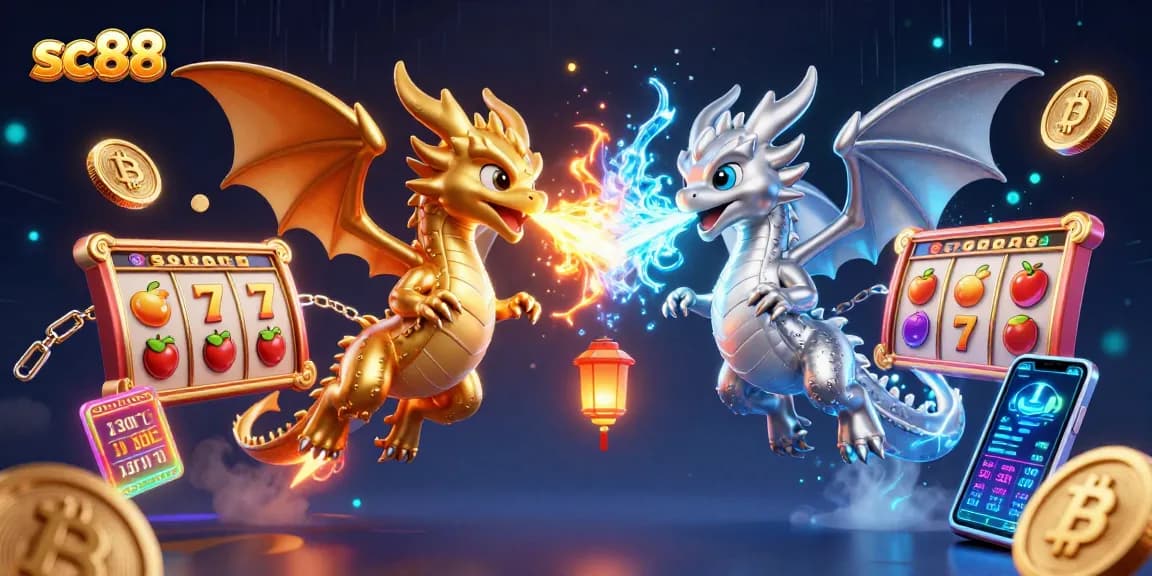 Enjoy the thrilling sc88 casino experience with golden and silver dragons amid vibrant gaming elements.