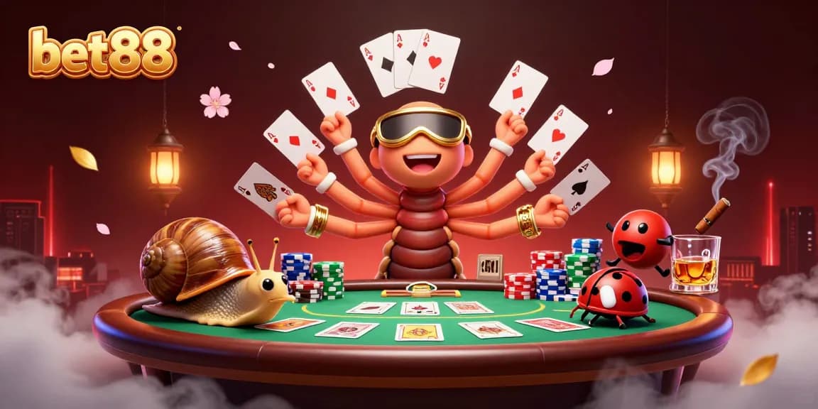 Experience the excitement of bet88 with a thrilling poker scene featuring unique characters and vibrant casino elements.