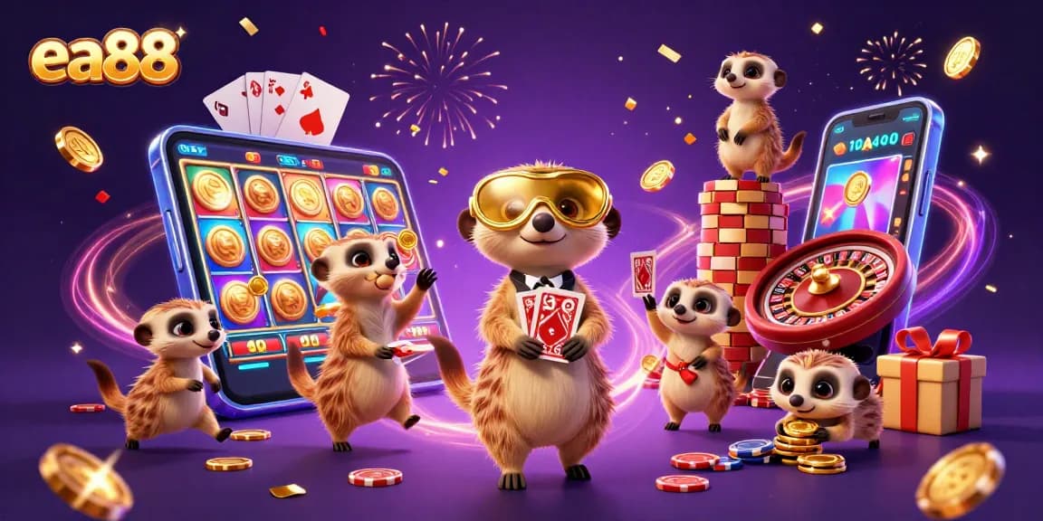 Experience the thrill of gaming at ea88 with a vibrant meerkat casino scene and animated slot features.