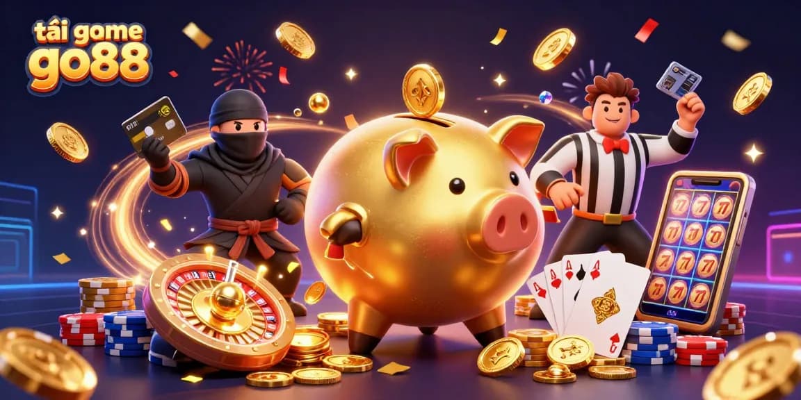 Experience the thrill as you tải game go88 with vibrant casino elements in a dynamic 3D illustration.